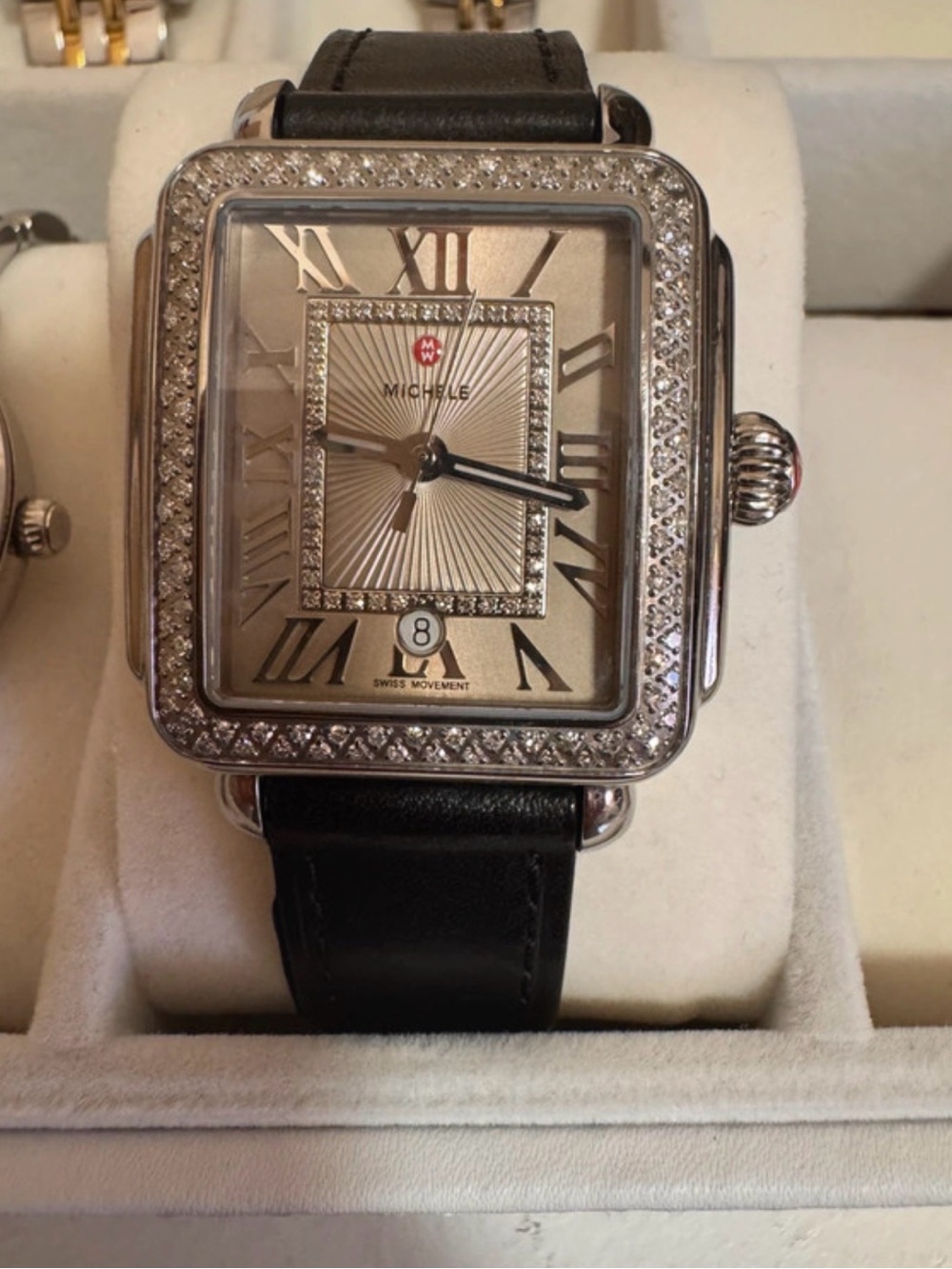 MICHELE Deco-compatible strap
 Dial Diamond-Trim Black Leather Strap preloved